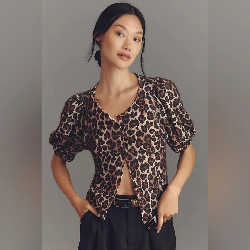 Brand New Anthropologie 100% Cashmere Leopard Cardigan Sweater, Size Small, NWT - Picture 1 of 3